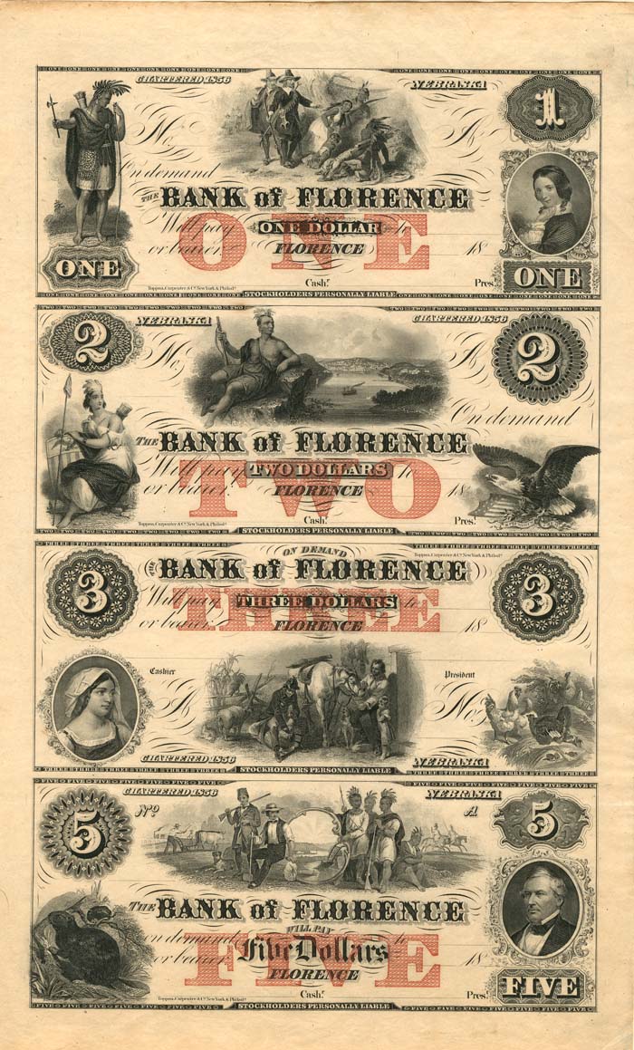 Bank of Florence - Florence, Nebraska Uncut Obsolete Sheet - Broken Bank Notes